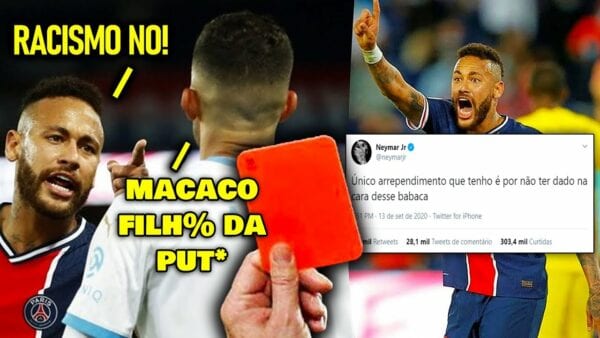 Montagem com Neymar Jr. e Álvaro Gonzáles. É possível ver na imagem a frase de Racismo não dita por Neymar e 'macaco filho da puta' dita pelo advoersário. Ainda estão na imagem o cartão vermelho e o print do tweet de Neymar após expulsão Neymar Jr. é vítima de racismo 4