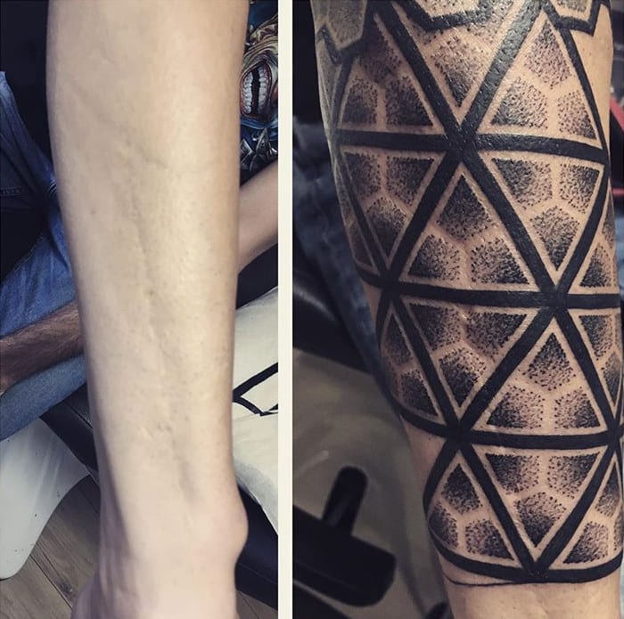Tatuagem tribal grande cobre cicatriz na perna