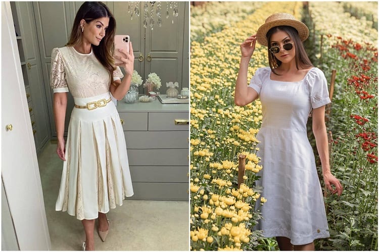 mulher com saia e blusa brancas. Ao lado, mulher com vestido branco