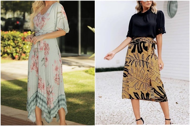 mulheres usando saia mídi e vestido longuete