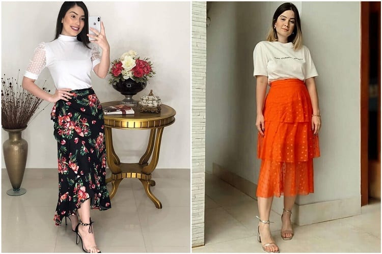 mulher com blusa branca com detalhes em renda. Ao lado, mulher com saia de renda