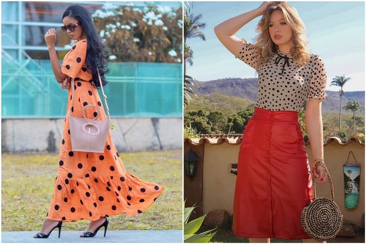 duas mulheres com peças de roupa com estampa de bolinhas