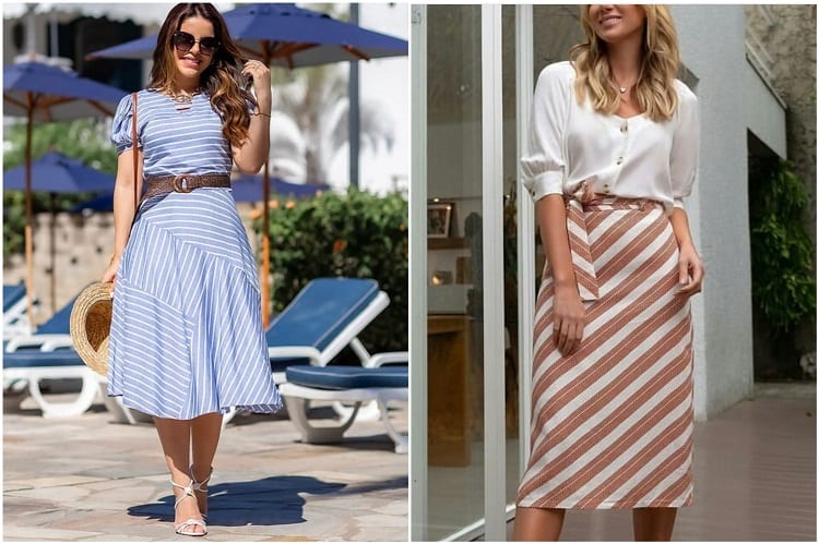 mulher com vestido azul listrado e mulher com blusa branca e saia de listras