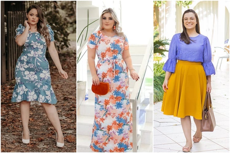 três mulheres usando as tendências vestidos floridos e saia godê