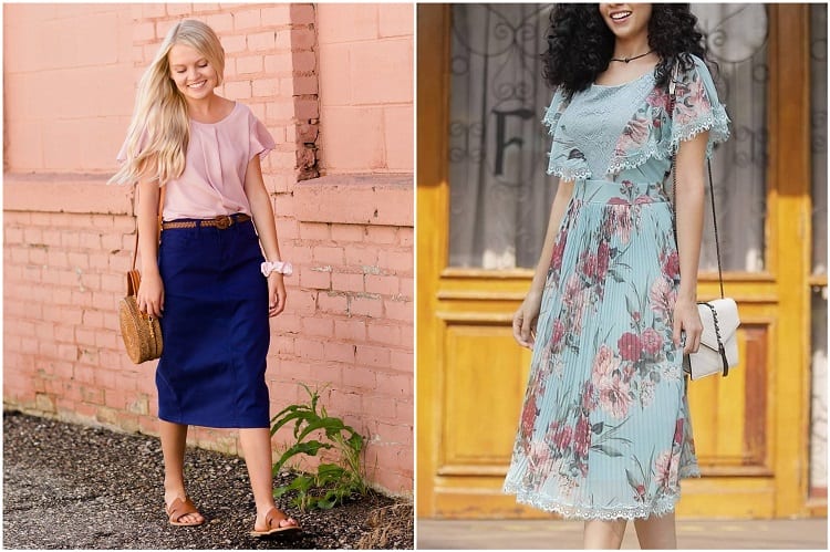 mulher com blusa de mangas com babados. Ao lado, mulher com vestido com babados na gola