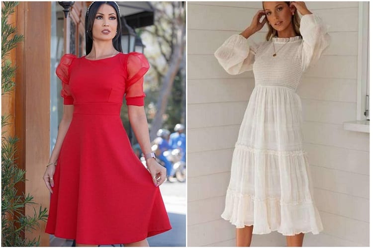duas mulheres com vestidos de mangas volumosas