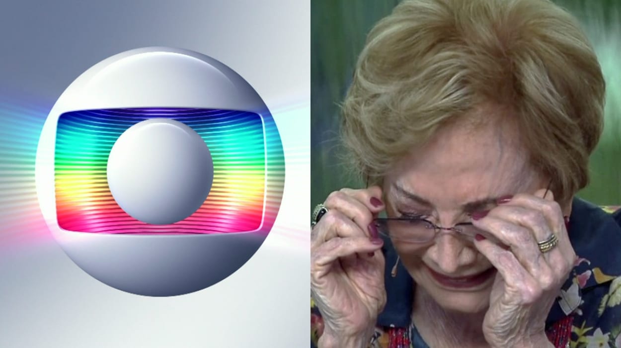 Montagem simbolo da rede globo e atriz Glória Menezes triste