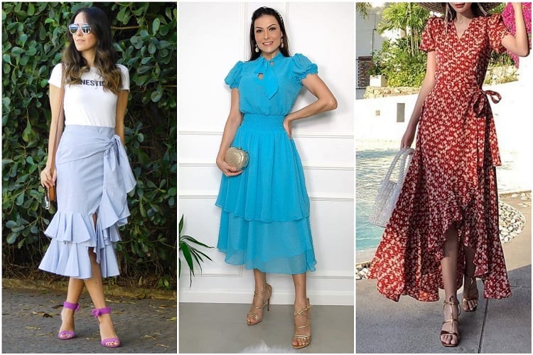 três opções de saias e vestidos com babados, tendência na moda evangélica 2021