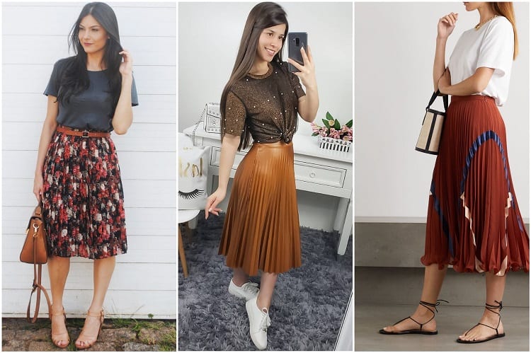 três mulheres usando saias plissadas e camisetas