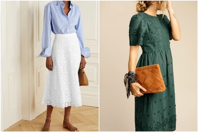 mulher com saia de laise branca ao lado de mulher com vestido de laise verde