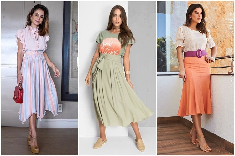 três mulheres com saias mídi em tons pastel, tendência na moda evangélica 2021