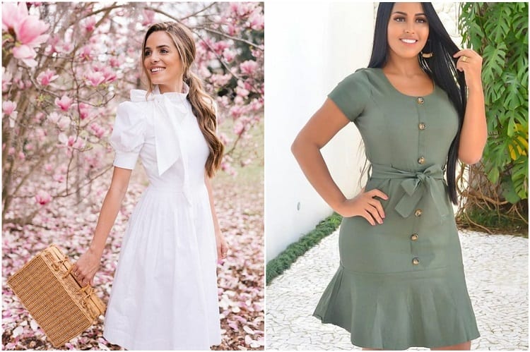 duas mulheres usando vestidos com laços