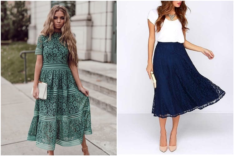 mulher com vestido verde de renda e mulher com camiseta branca e saia rendada azul