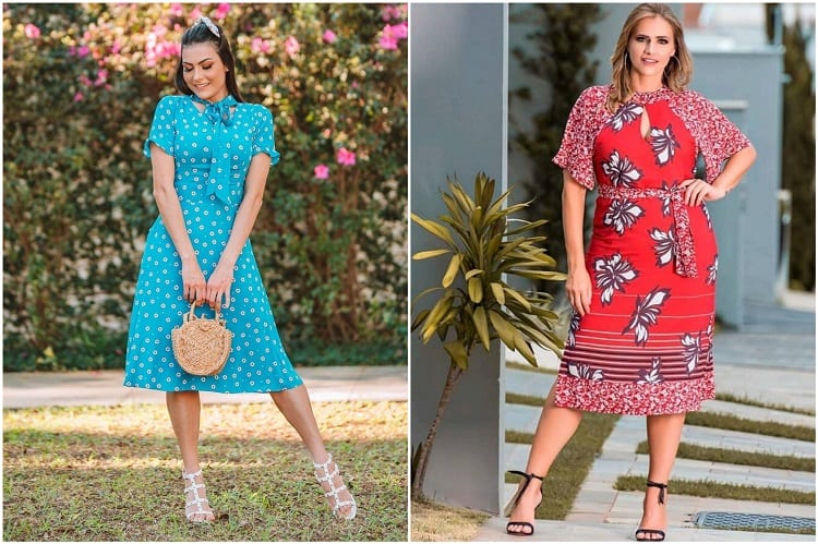 duas mulheres com vestidos floridos, tendência da moda evangélica 2021