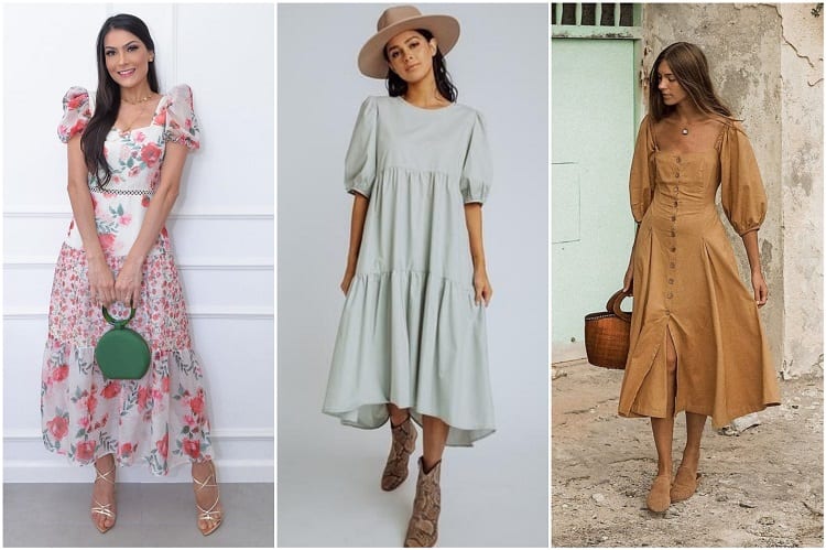 três vestidos com mangas bufantes da moda evangélica 2021