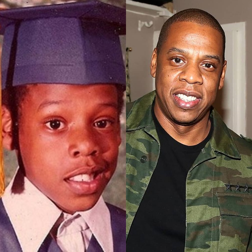 Foto do rapper Jay-Z na infância e atualmente