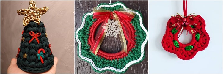 três enfeites natalinos feitos de crochê com fio de malha