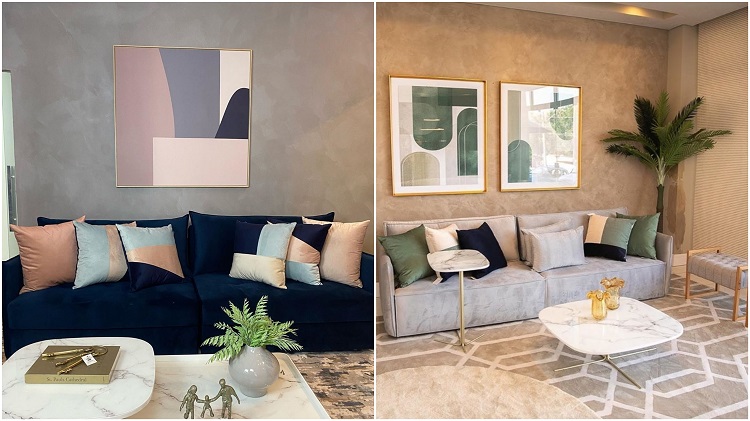duas fotos de sala com quadro e almofadas em tons pastel