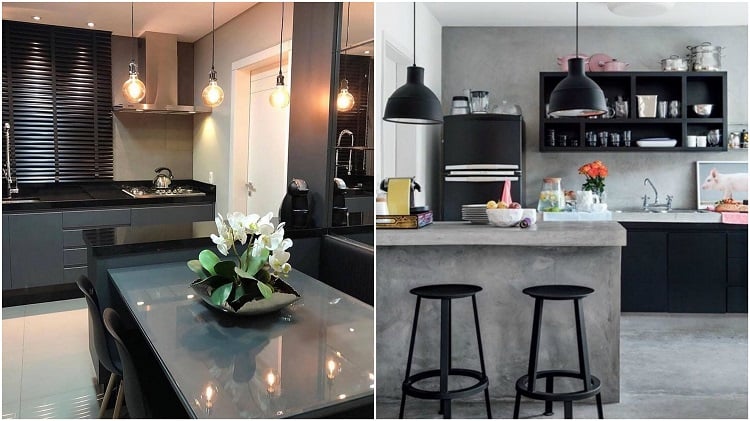 duas cozinhas decoradas com cinza e preto