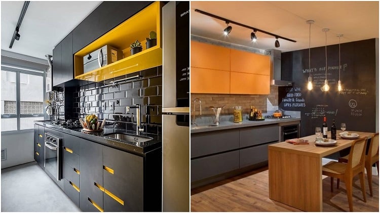 duas imagens de cozinha amarela