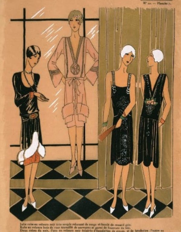 Desenho com estilos de vestido franceses no estilo Charleston Style, de 1927.