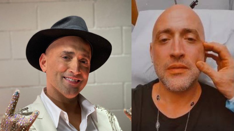 Paulo Gustavo em duas fotos - a primeira com camisa branca, sorrindo e chápeu preto faz gesto com as mãos, na segunda ele aparece no que pode vir a ser um consultório médico, deitado e com a mão de alguém analisando seu rosto. Eçle usa camiseta preta e colar prateado Paulo Gustavo desabafa sobre botox