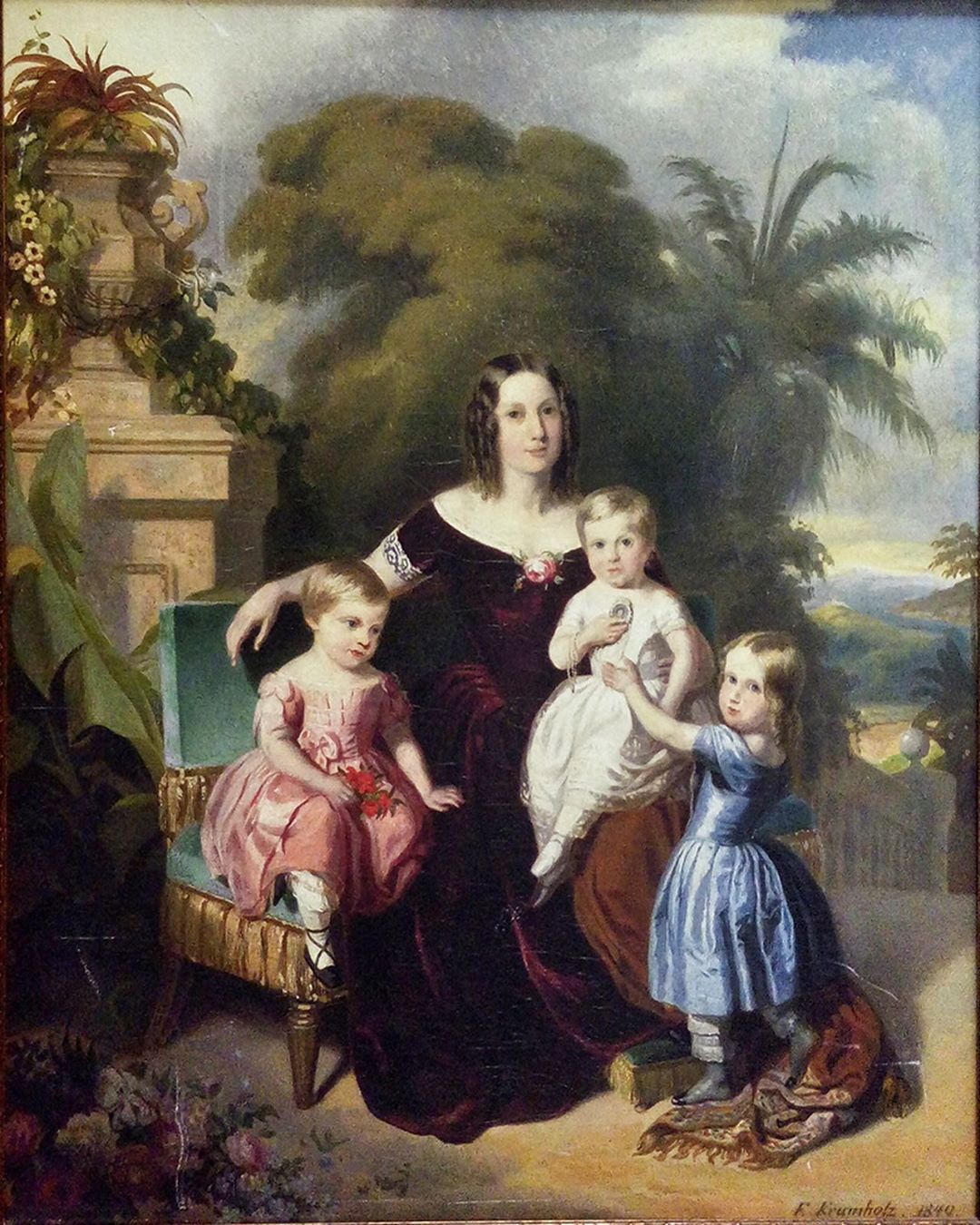 A imperatriz do Brasil e seus três filhos pequenos Isabel, Leopoldina e Pedro, no Rio de Janeiro. 1849.