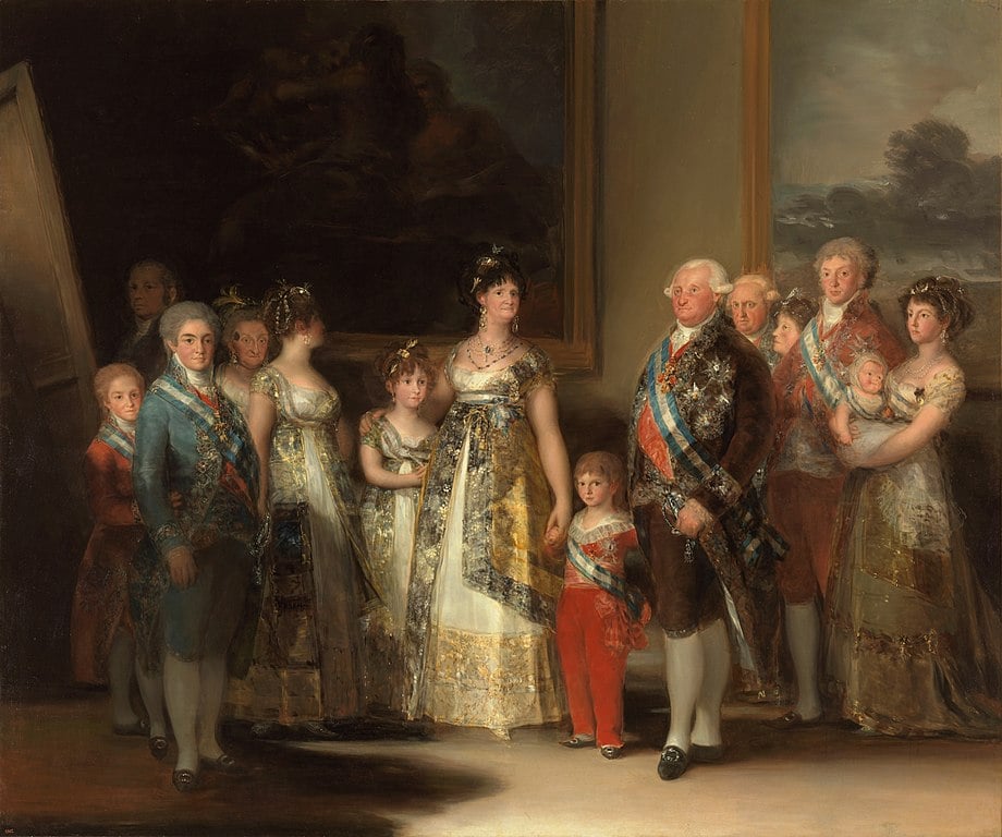 Pintura de Francisco Goya de Carlos IV da Espanha e sua família, onde se vê meninos e meninas com a roupa infantil da época.