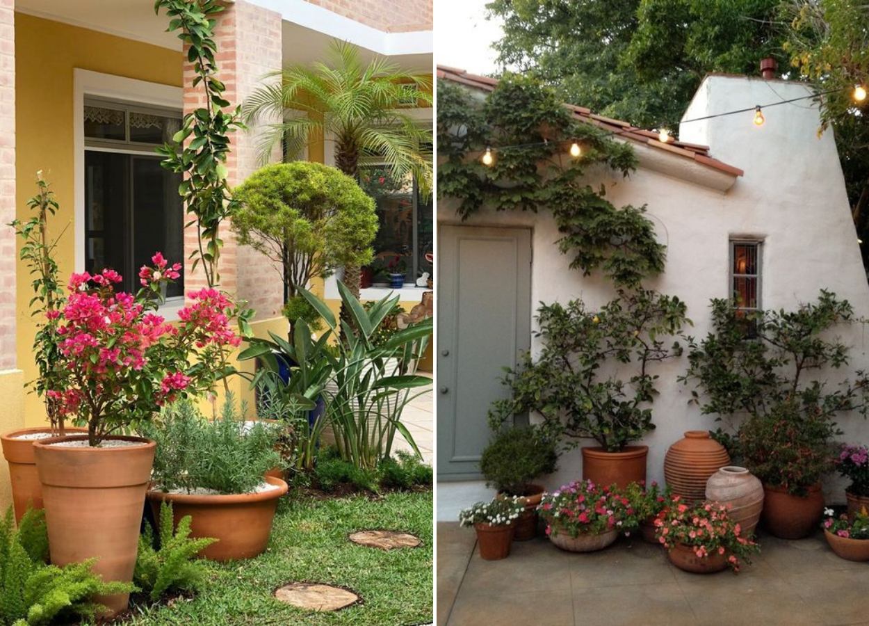 Jardins com vasos grandes de cerâmica