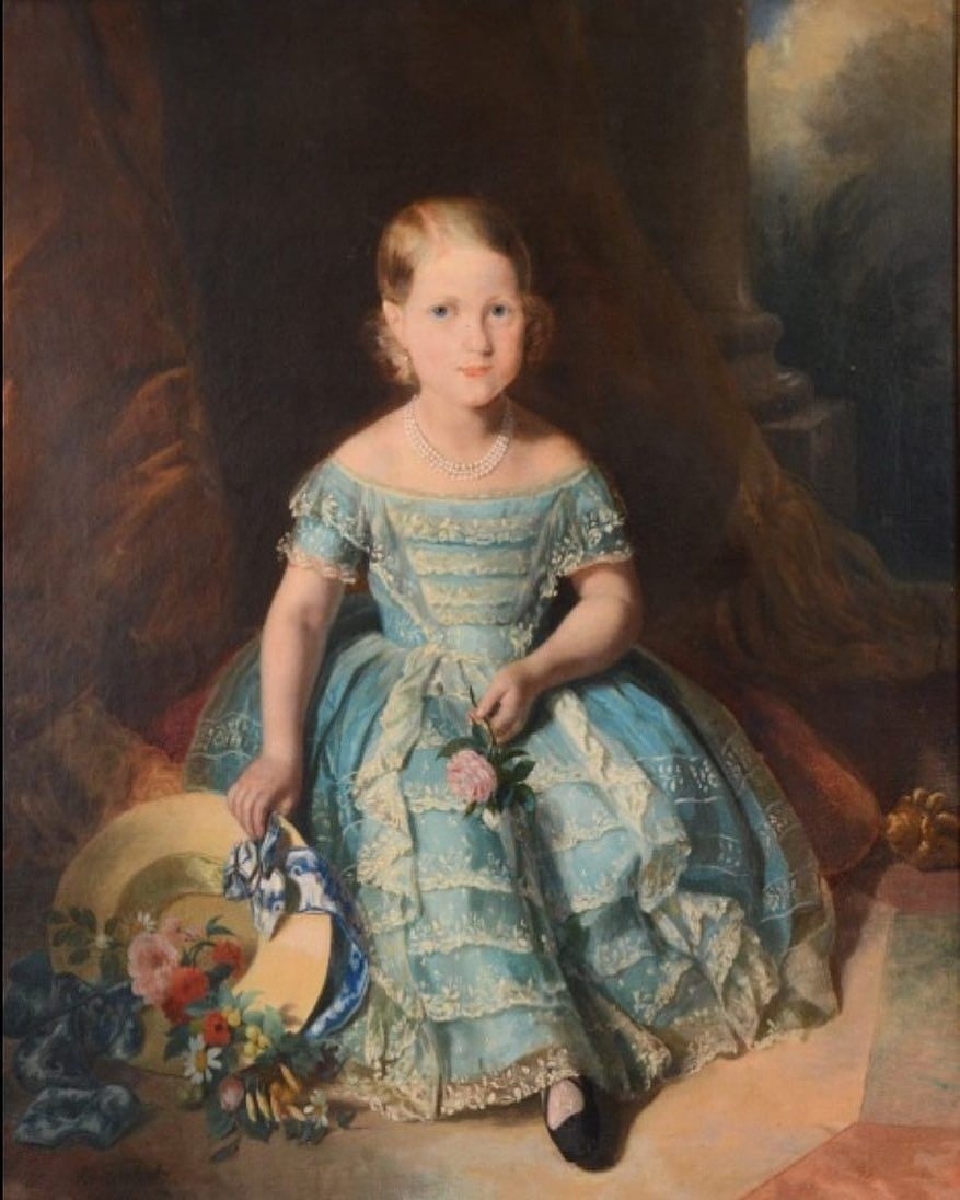 Pintura de Ferdinand Krumholz da Princesa Isabel do Brasil com 7 anos de idade, posando com um vestido azul e chapéus na mão.