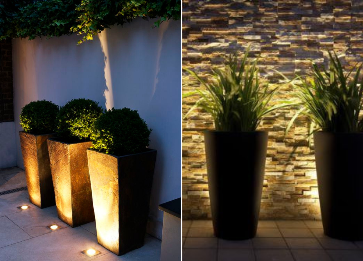 Exemplos de iluminação uplight e backlight em jardins