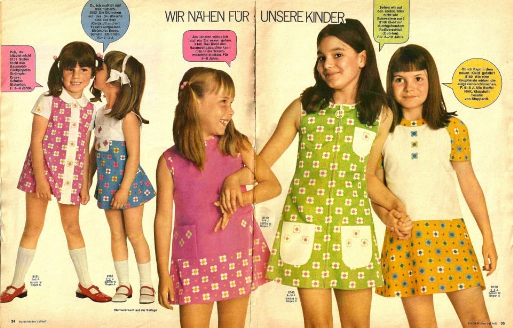 Foto de uma revista com a moda infantil para meninas dos anos 60. 