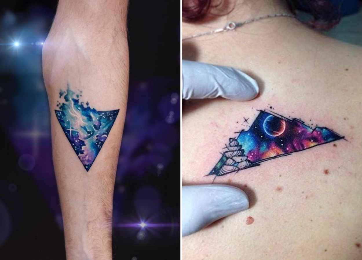 Tatuagem geométrica espacial triangular e colorida
