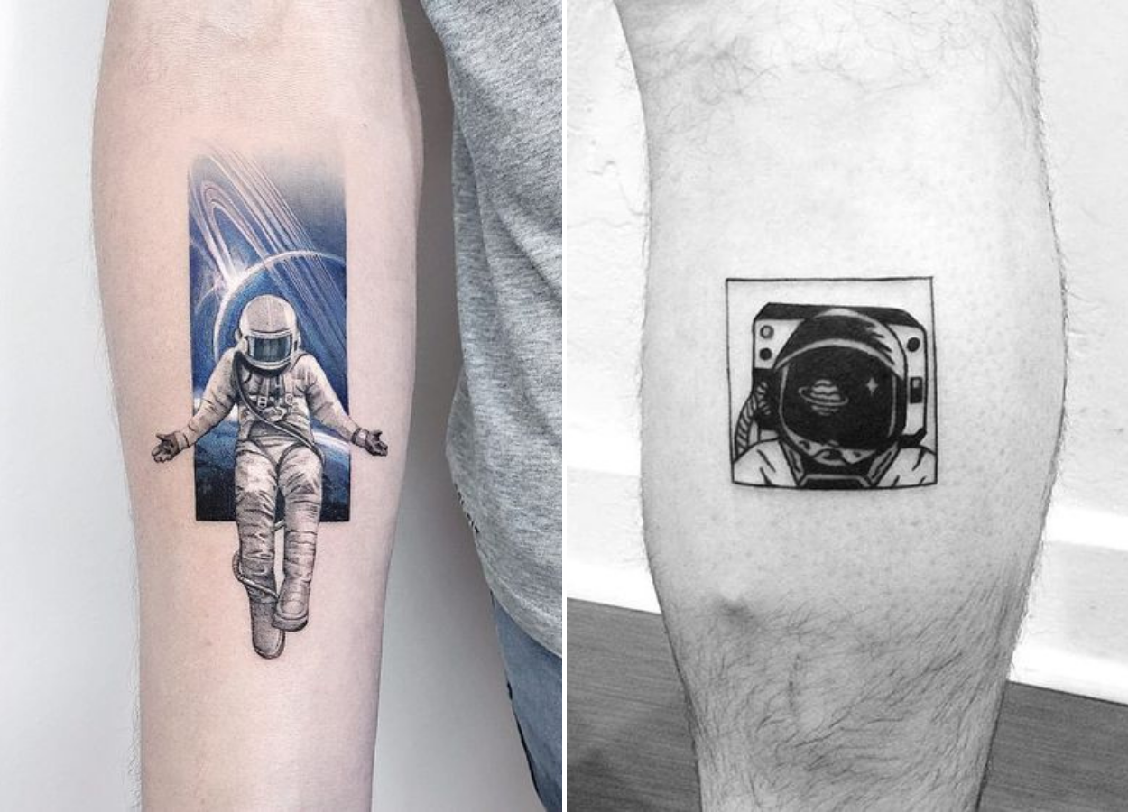 Tatuagem geométrica espacial com astronautas