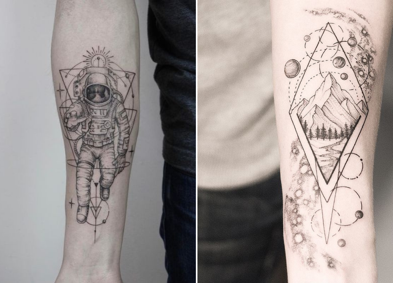 Tatuagem geométrica espacial em fineline