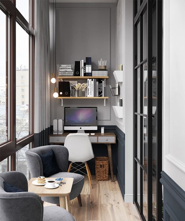 Ambiente com estilo industrial. Varanda home office