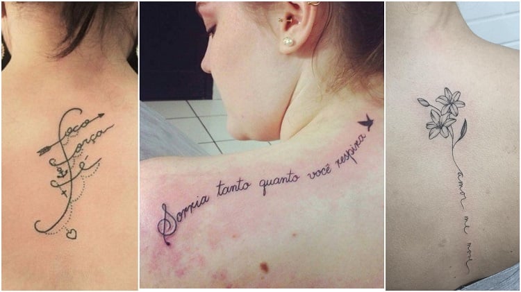 três opções de tatuagem escrita nas costas