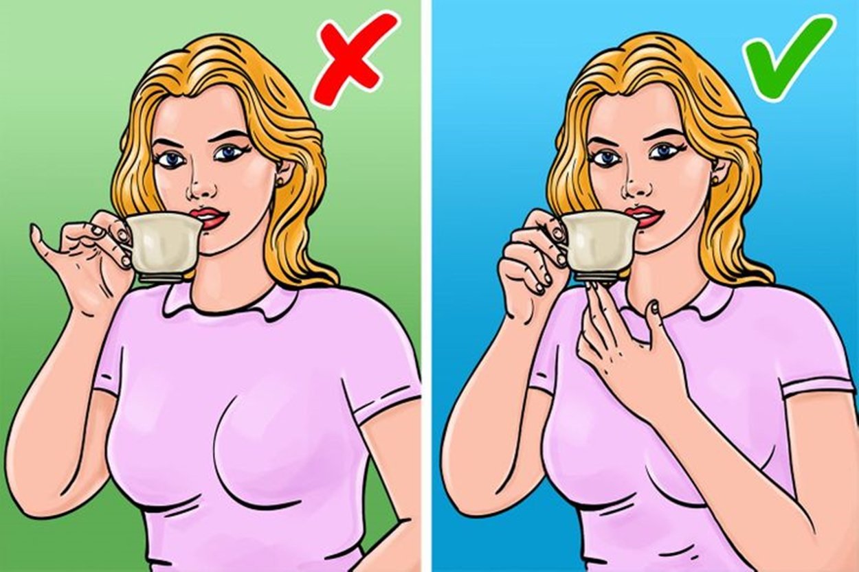 Ao beber em copos ou xícaras, não levante o dedo mindinho, imagem ilustrativa.