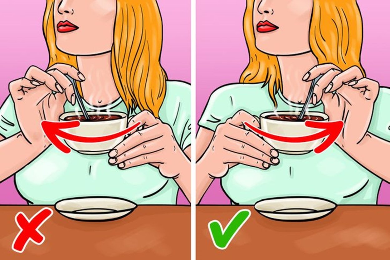 Regras de etiqueta simples: Mexa corretamente a colher no café ou chá, imagem ilustrativa.
