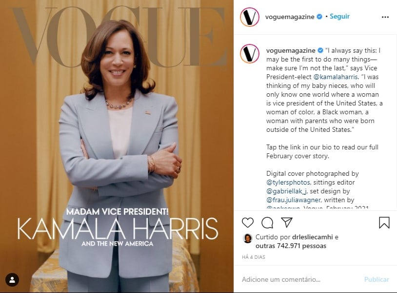 Capa da Vogue com Kamala Harris para a edição digital de fevereiro de 2020