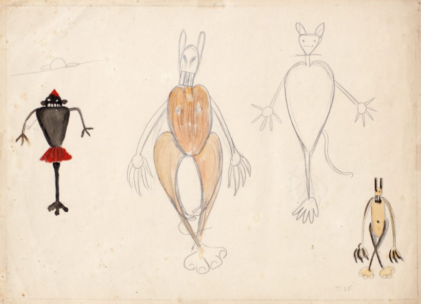 Saci e três estudos de bichos, desenho de Tarsila do Amaral de 1925.