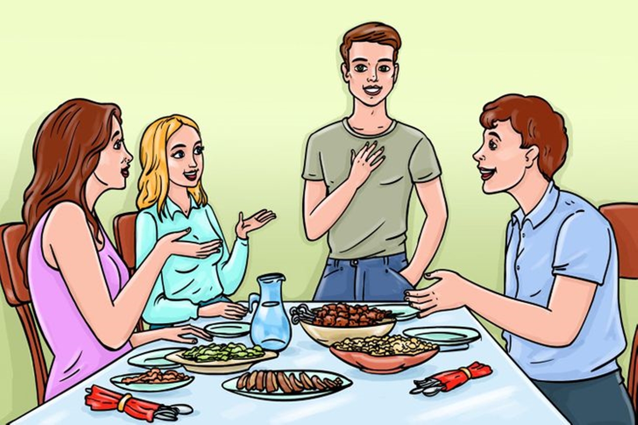 Regras de etiqueta simples: Espere o anfitrião se sentar para começar a comer, imagem ilustrativa.