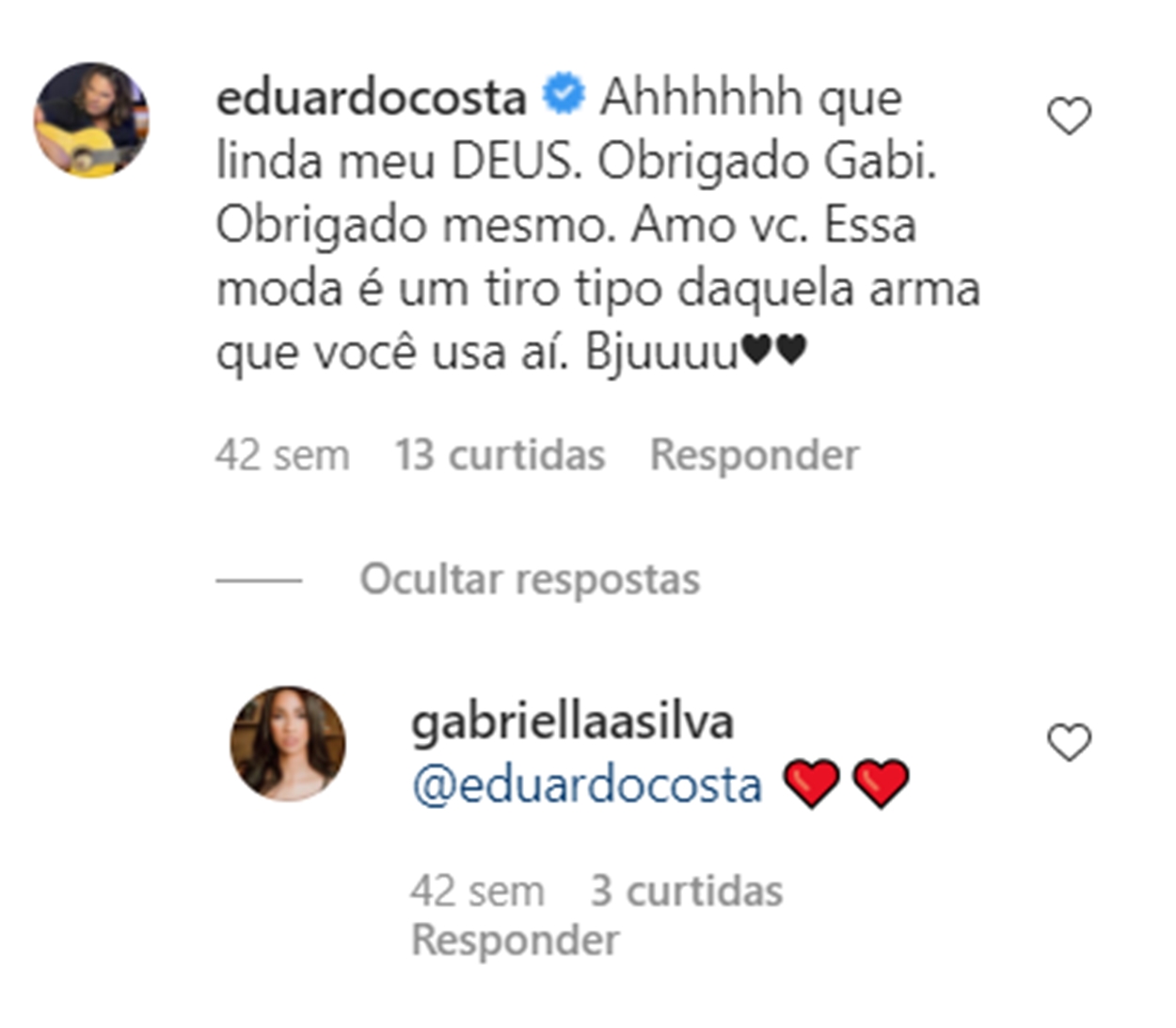 Comentários de Eduarco Costa e Gabriella Silva.