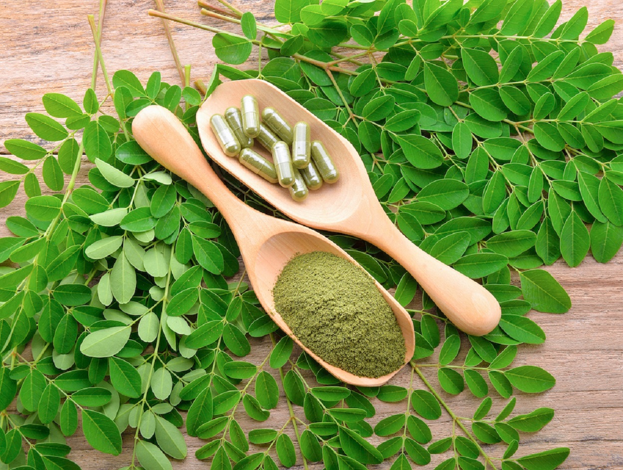 moringa em três formas diferentes: in natura, em pó e em cápsula