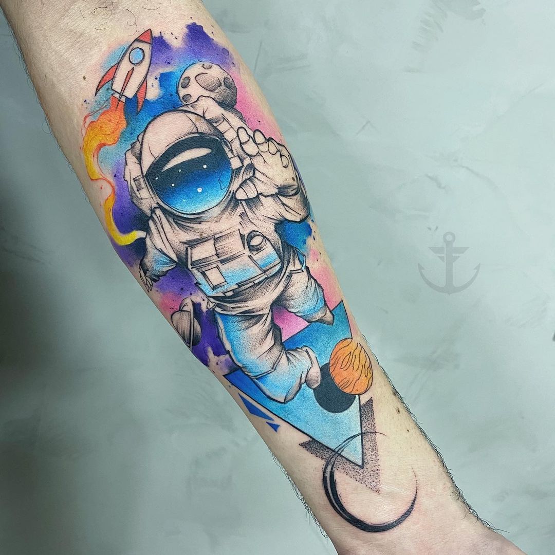 Tatuagem de astronauta, aquarela.