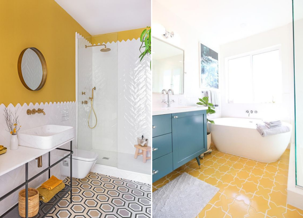 Banheiros com amarelo no décor