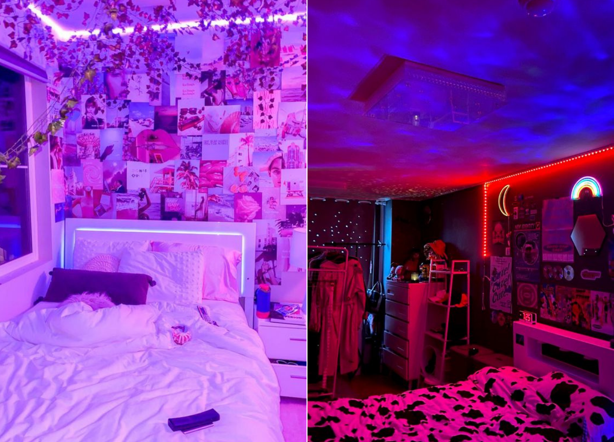 Duas fotos de quarto neon estilo TikTok