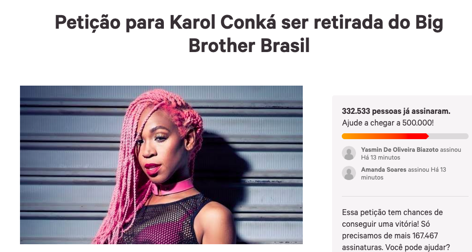Internautas fazem petição pedindo expulsão de Karol Conká do BBB21 - Reprodução