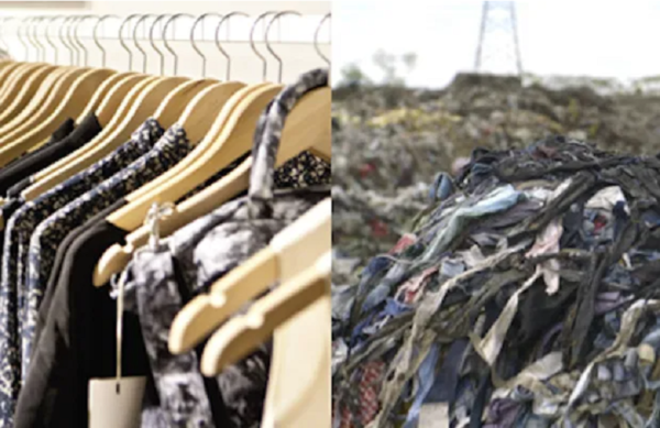 imagem de roupas em cabides ao lado de foto de roupas em lixão