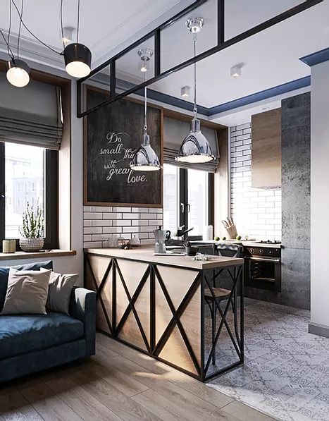 Cozinha integrada com sala. Decoração industrial na cozinha pequena.